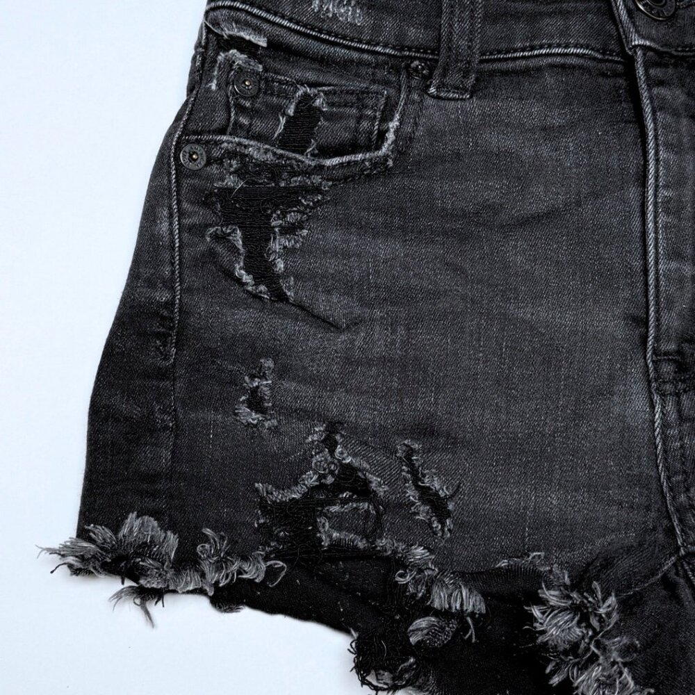 American Eagle Hi Rise Shortie Black Denim Stretch Shorts Distressed Size 0 - Picture 6 of 11